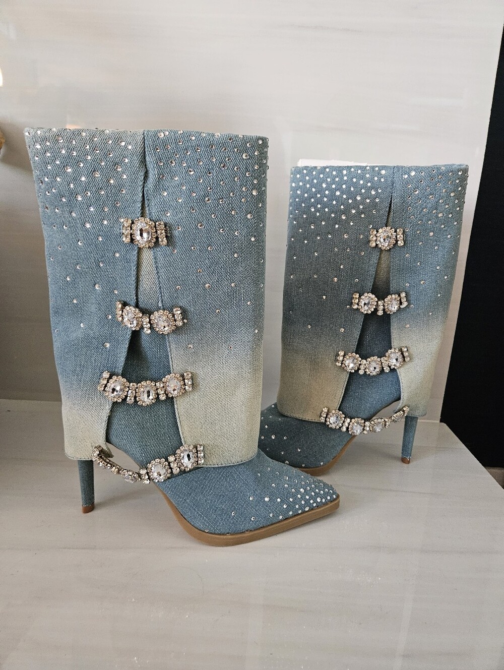 Thalia Sodi Denim Ombre Rhinestone Crystal Buckle Boots Size 6 NEW - Picture 9 of 14